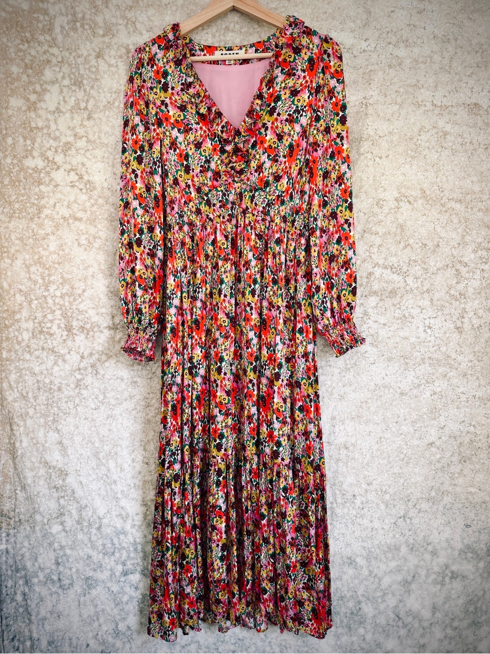 Boden Satin Floral Ruffle Neck Long Sleeve Maxi Dress - 8R